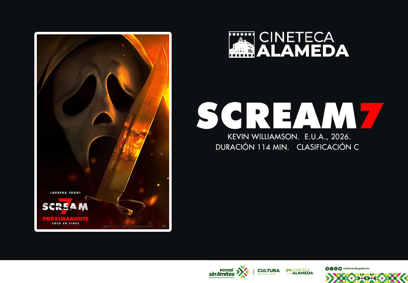 Póster de la película Scream 7 proyectada en la Cineteca Alameda, con la icónica máscara Ghostface y un cuchillo iluminado en tonos anaranjados.