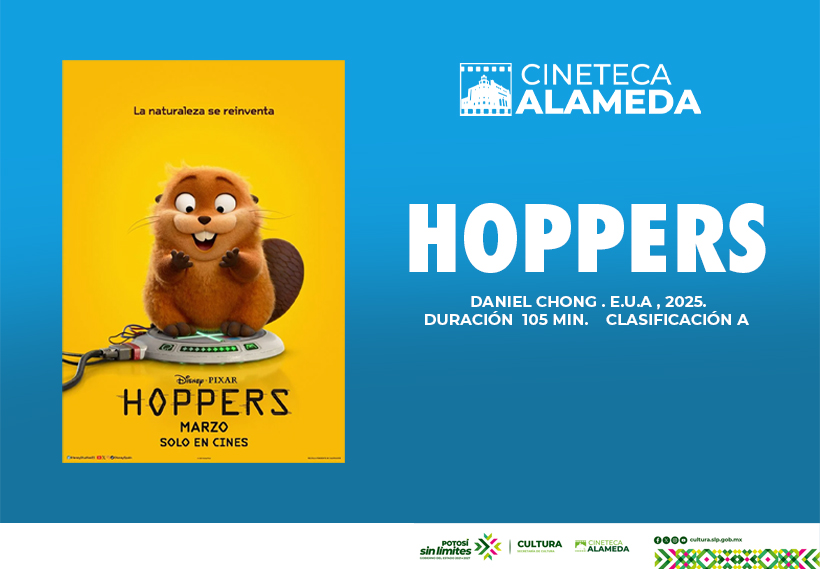 Póster de la película Hoppers proyectada en la Cineteca Alameda, con un personaje animado tipo castor sobre un fondo amarillo vibrante.