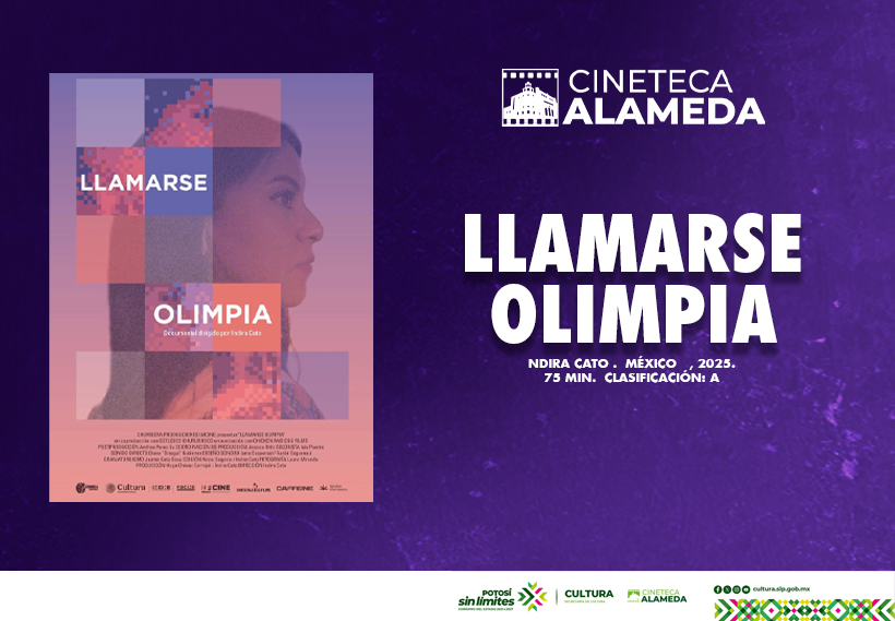 Póster de la película Llamarse Olimpia proyectada en la Cineteca Alameda, con el retrato de una mujer y un diseño gráfico geométrico en tonos rosados y morados.