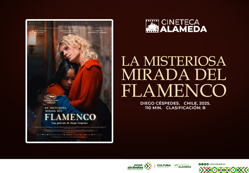 Póster de la película La Misteriosa Mirada del Flamenco proyectada en la Cineteca Alameda, con dos personajes abrazados en una escena íntima.
