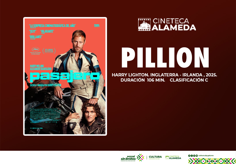 Póster de la película Pillion proyectada en la Cineteca Alameda, con un hombre vestido de motociclista sobre una motocicleta.