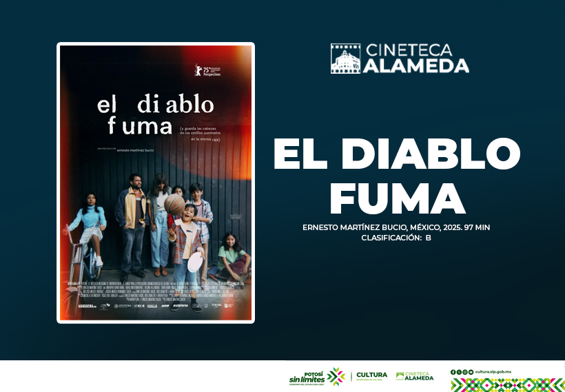 Póster de la película El Diablo Fuma proyectada en la Cineteca Alameda, con un grupo de jóvenes en una escena urbana.